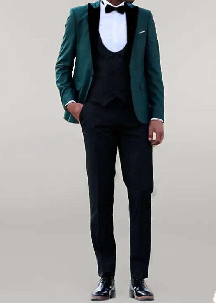 WSS Men Double Breasted Patterned Green Tuxedo