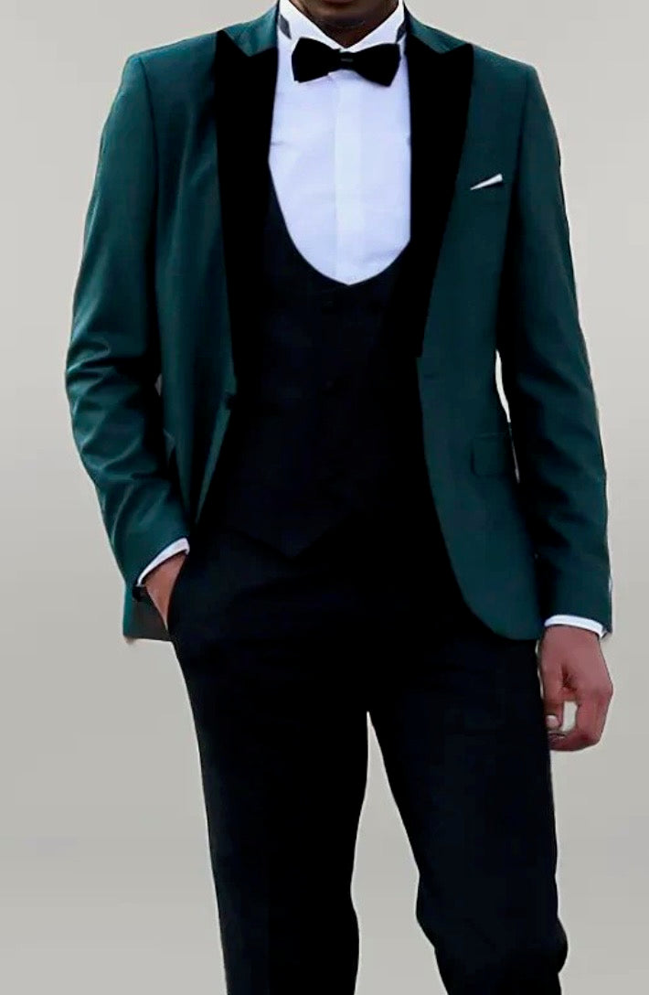 WSS Men Double Breasted Patterned Green Tuxedo