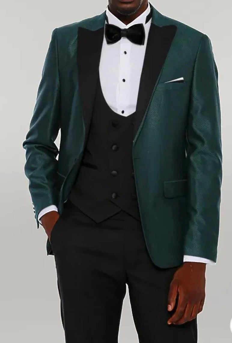 WSS Men Double Breasted Patterned Green Tuxedo