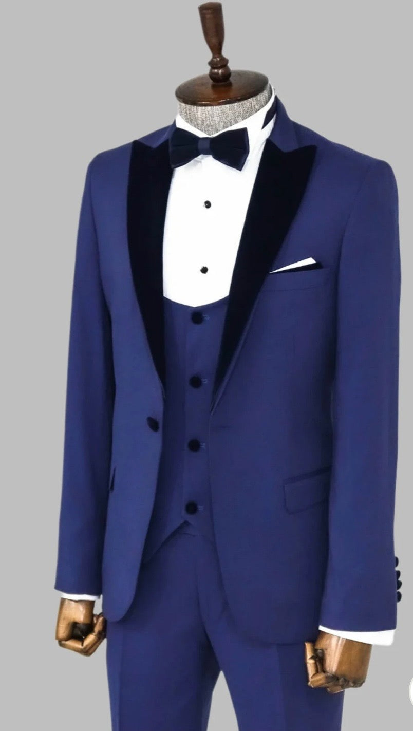 VEVET LAPEL SLIM FIT BLUE MEN SUIT