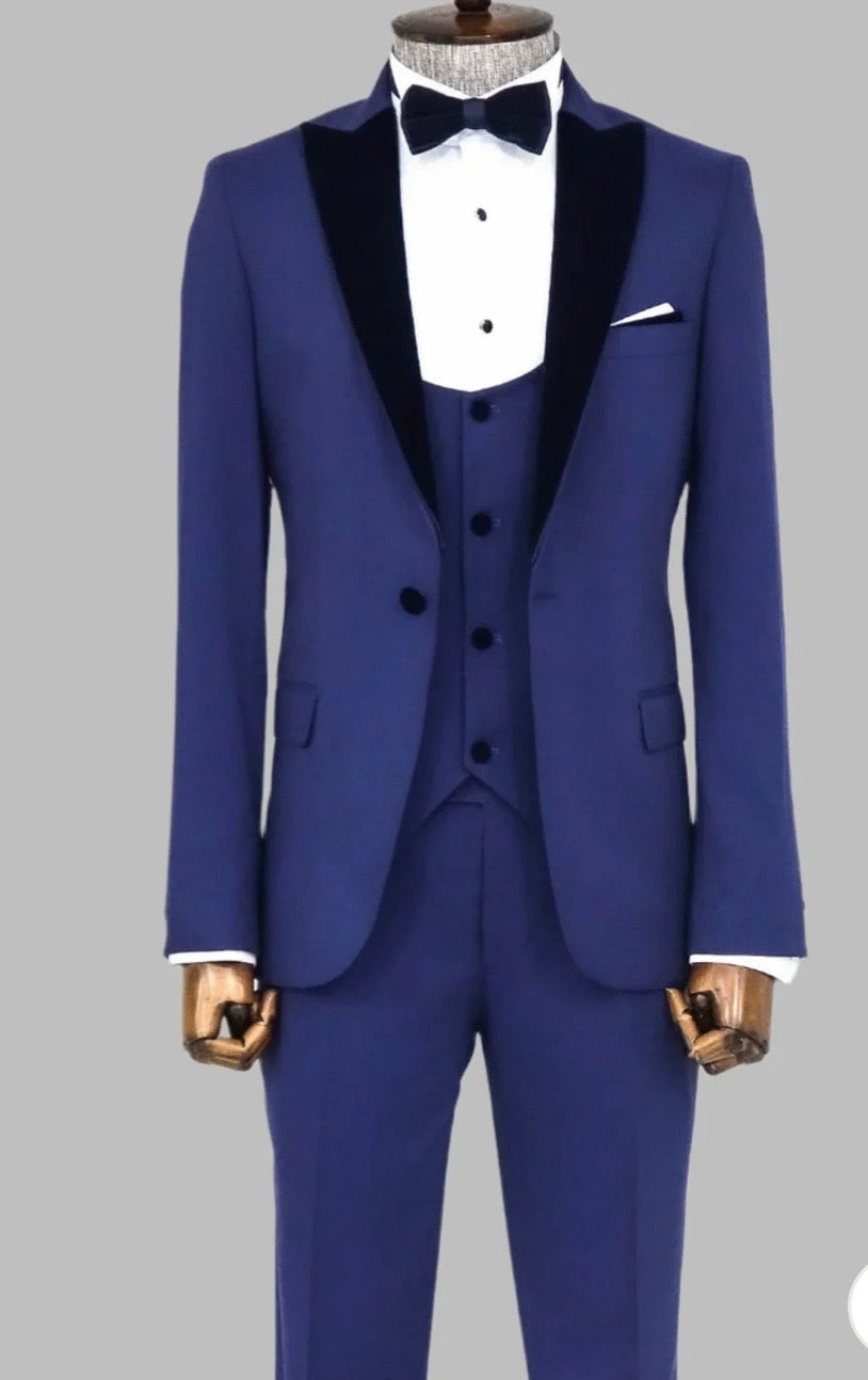 VEVET LAPEL SLIM FIT BLUE MEN SUIT