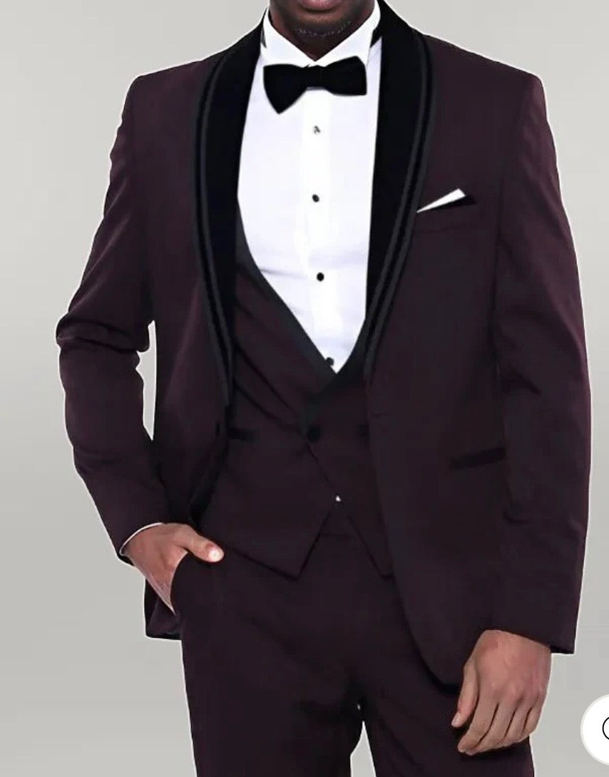 Detachable Velvet Lapel Burgundy Men Tuxedo