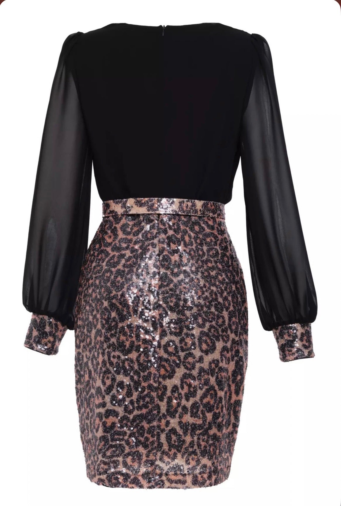 PRINTED STAMP SEQUINS LONG SLEEVE MINI DRESS