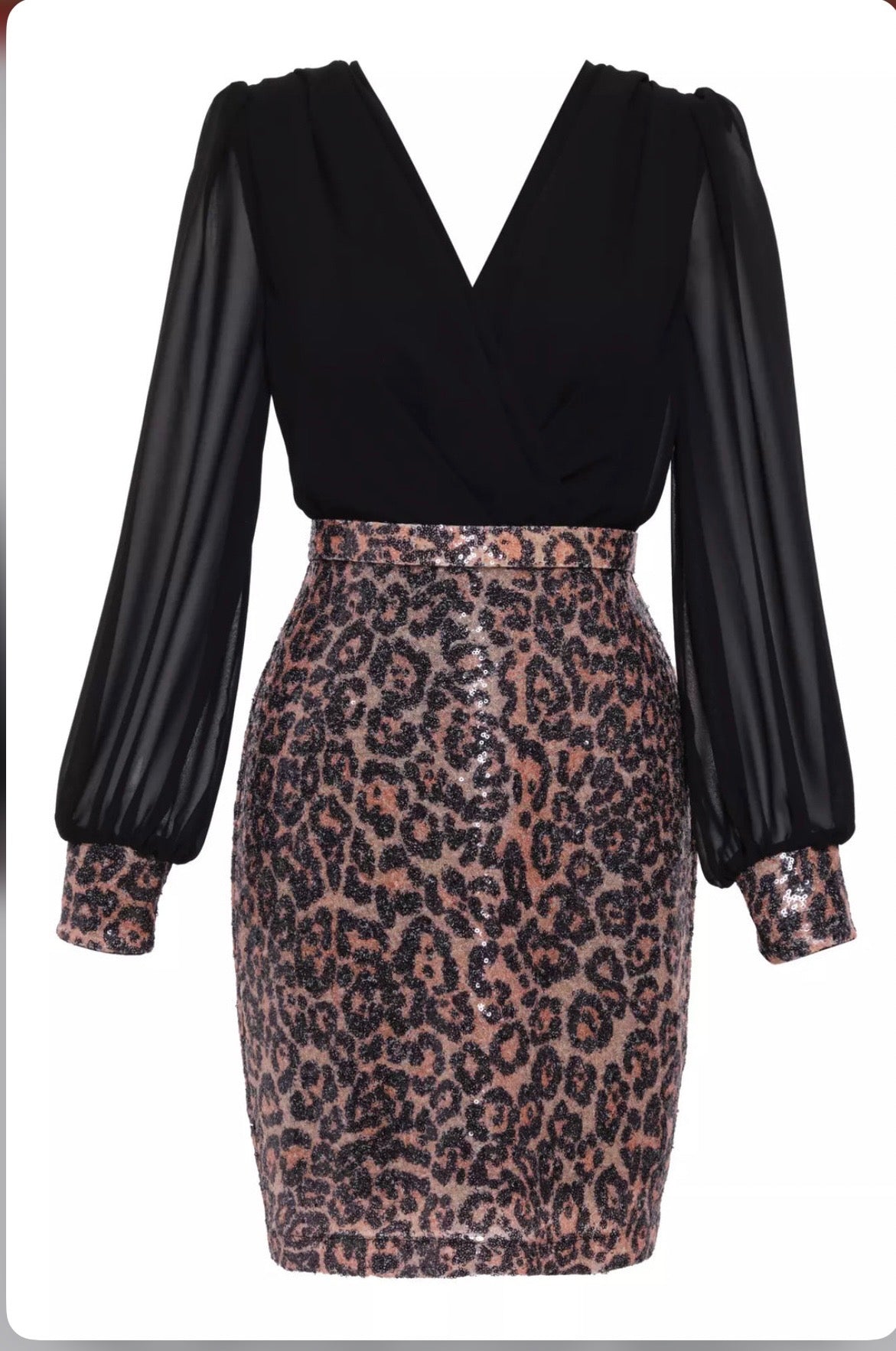 PRINTED STAMP SEQUINS LONG SLEEVE MINI DRESS