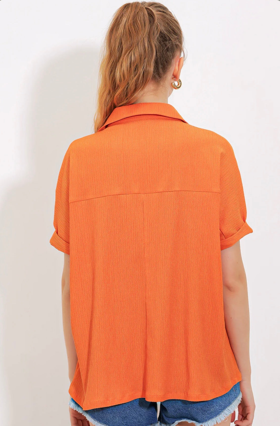WOMEN ORANGE OVERSIZED POLO NECK KNITTED BLOUSE