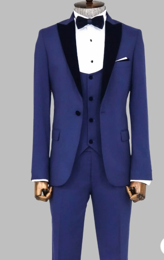 VEVET LAPEL SLIM FIT BLUE MEN SUIT