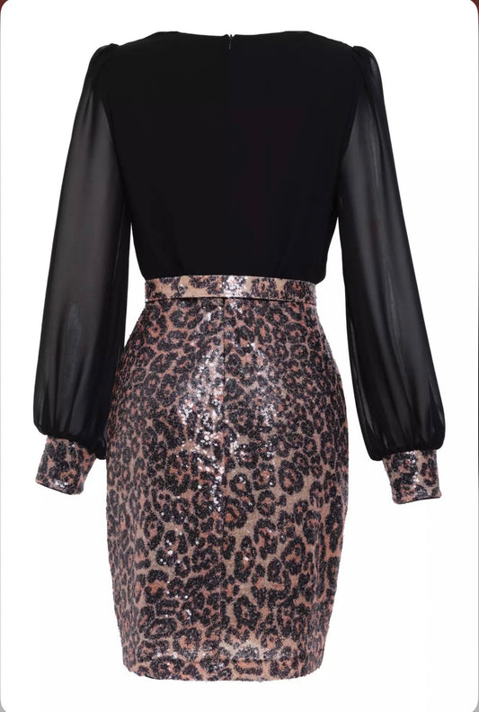 PRINTED STAMP SEQUINS LONG SLEEVE MINI DRESS