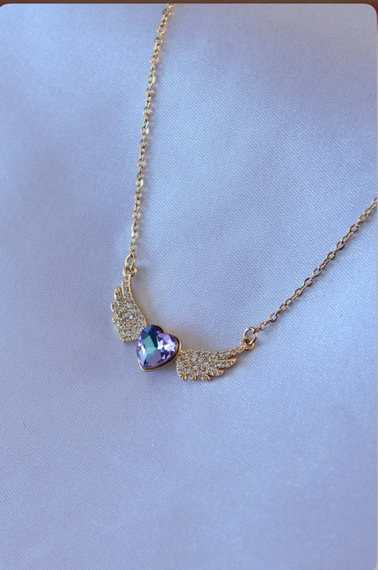 EBJ 316 StEEL GOLD COLOR ZIRCON STONE WINGED CRYSTAL HEART WOMEN NECKLACE